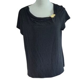 212 Collection Women's L Black Short Sleeve Top with Gold Bar Detail Lightweight